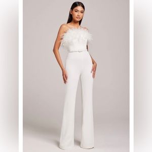 Nadine Merabi Colette White Jumpsuit with feathers